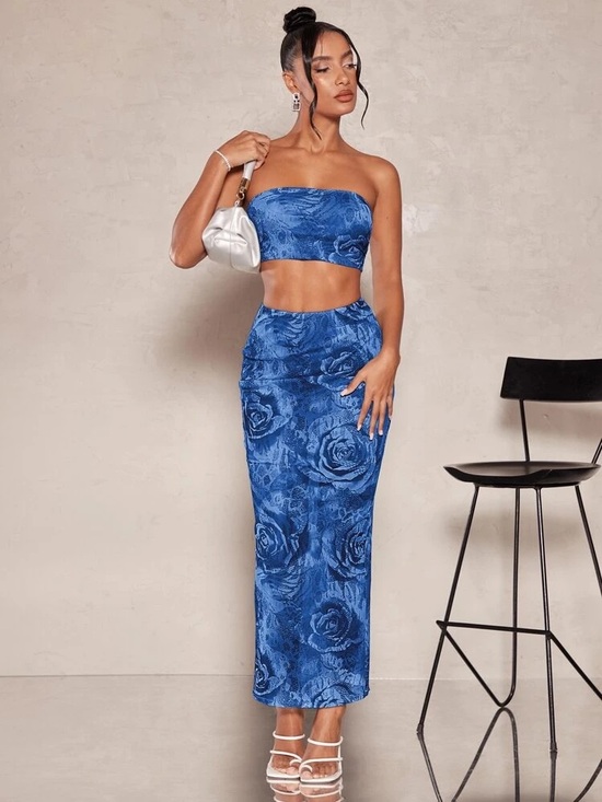 SHEIN Dresses & Skirts - SHEIN Blue Floral Maxi Skirt - High-Waist Tubular Silhouette
